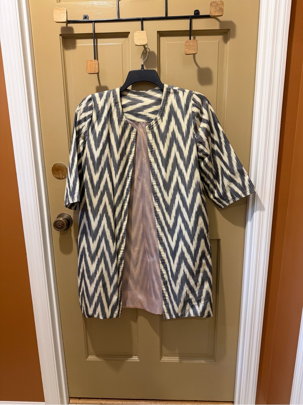 Ikat Pattern Open Coat - Grey & Cream